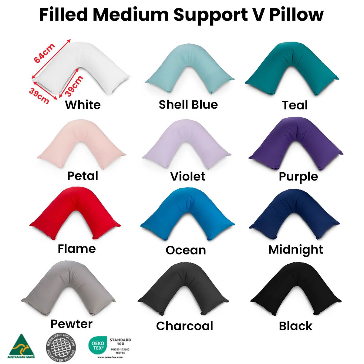 Easyrest Aus Made Medium Support Filled V Shape Pillow 64 x 39 cm Flame