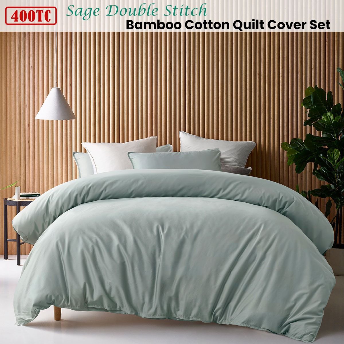Accessorize 400TC Sage Bamboo Cotton Double Stitch Quilt Cover Set Double