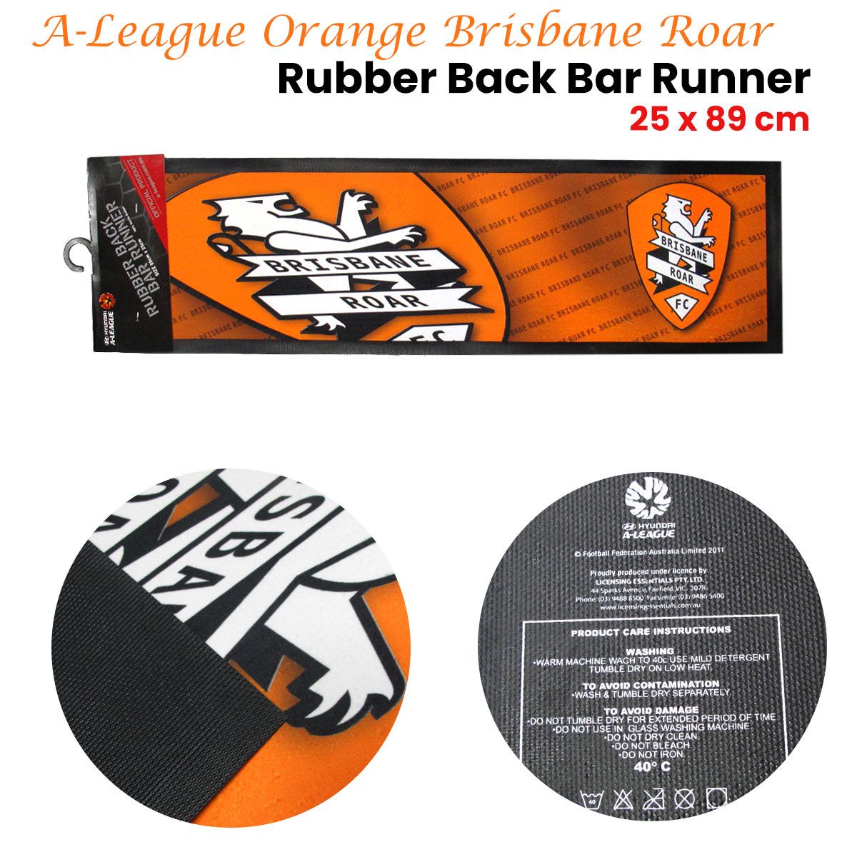 A-League Orange Brisbane Roar Rubber Back Bar Runner 25 x 89 cm
