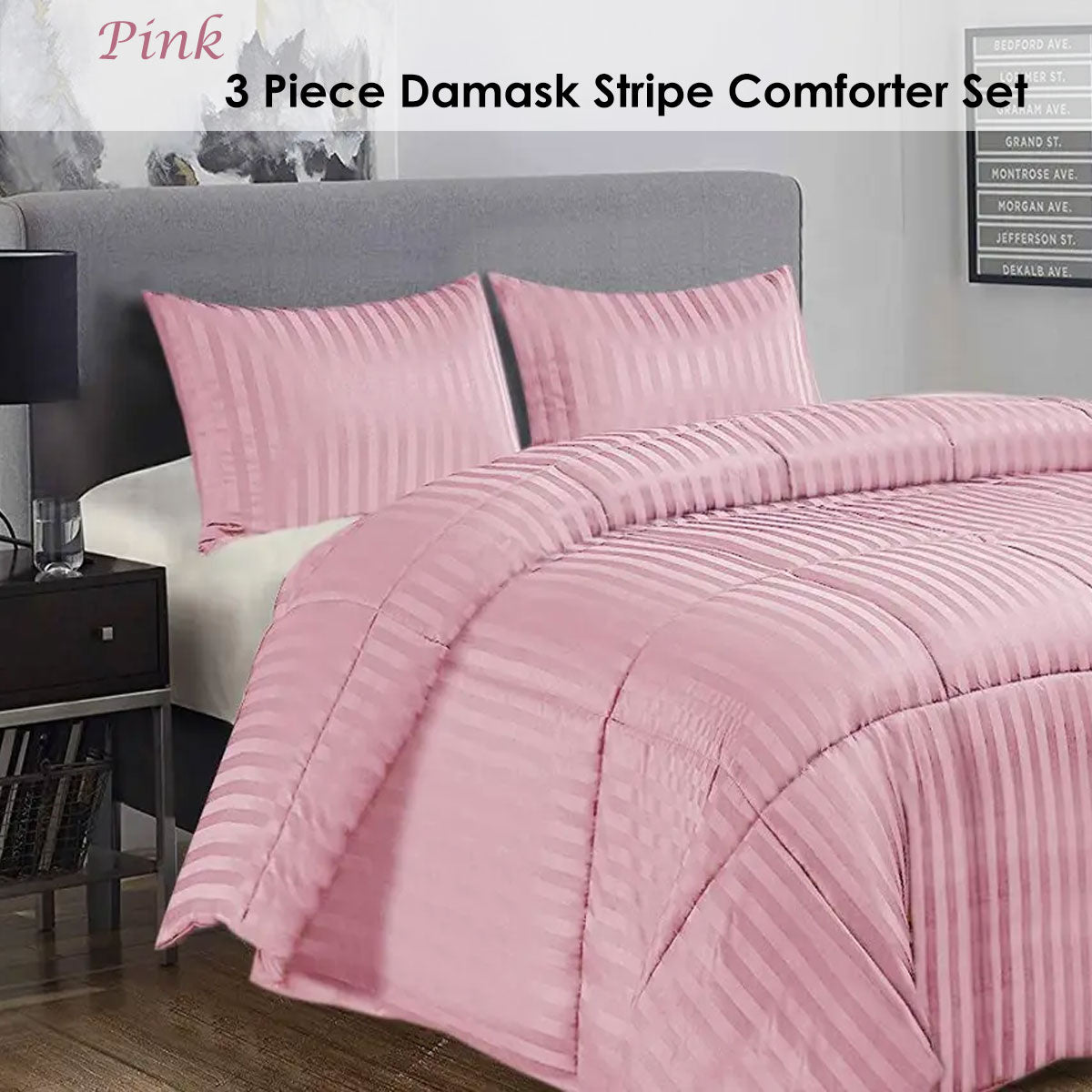 Ramesses 3 Piece Damask Stripe Comforter Set King Pink