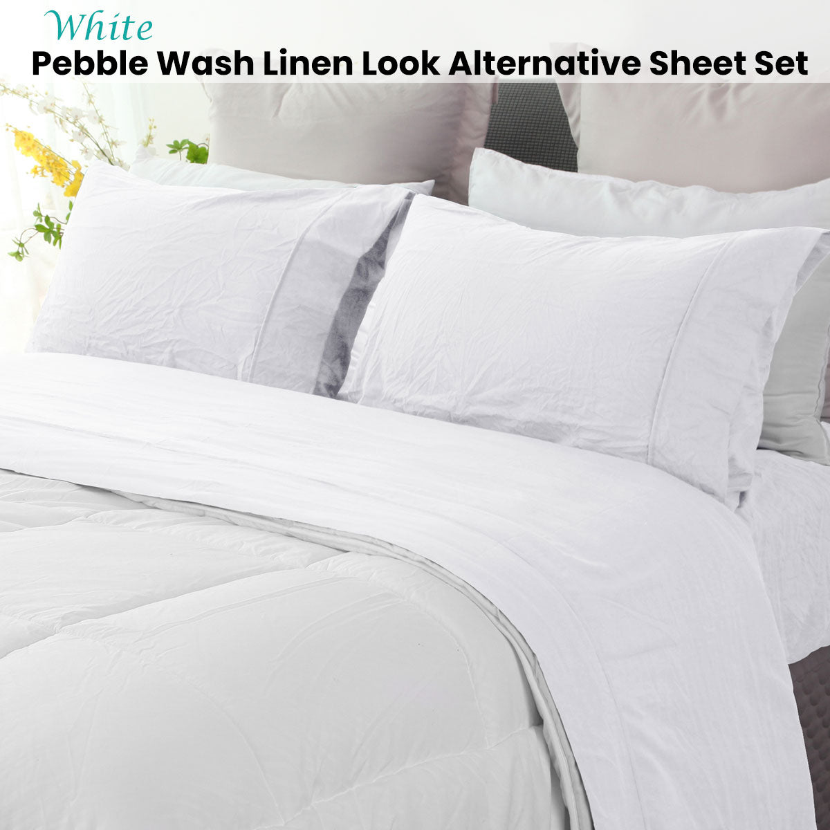 Ramesses White Pebble Wash Linen Look Alternative Sheet Set Single