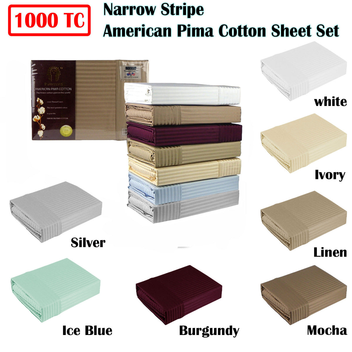 Ramesses 1000TC American Pima Cotton Narrow Stripe Sheet Set Ice Blue King