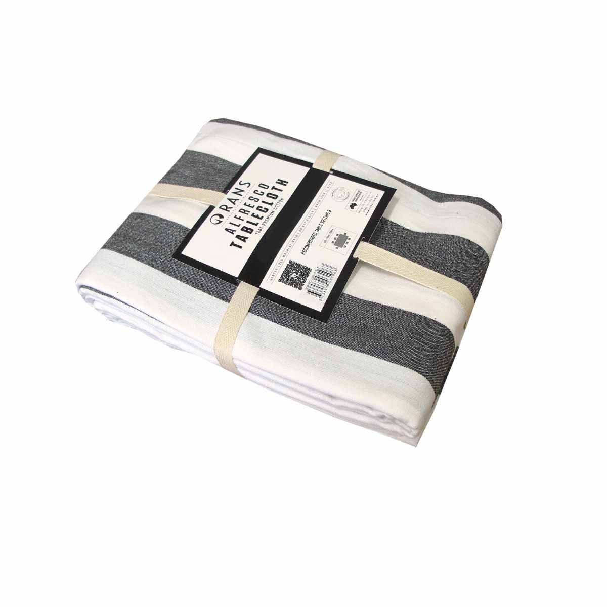 Rans Black Alfresco Stripes Cotton Tablecloth - Choose from 2 sizes 150cm x 250cm