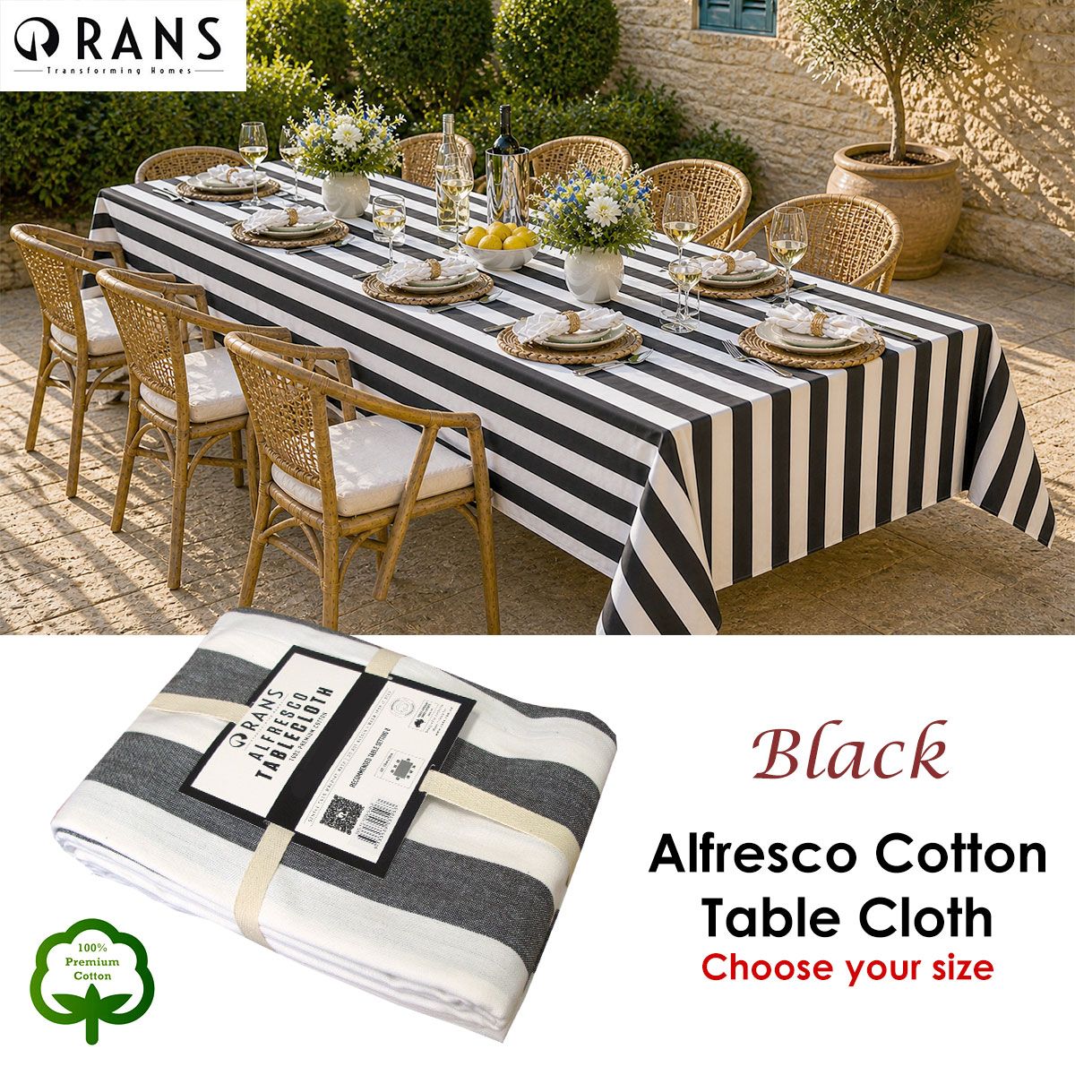 Rans Black Alfresco Stripes Cotton Tablecloth - Choose from 2 sizes 150cm x 250cm