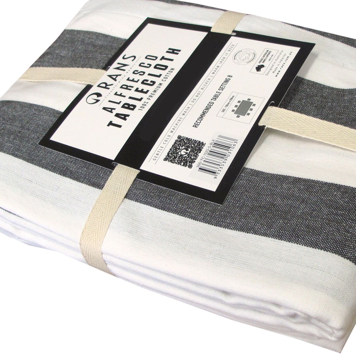 Rans Black Alfresco Stripes Cotton Tablecloth - Choose from 2 sizes 150cm x 250cm