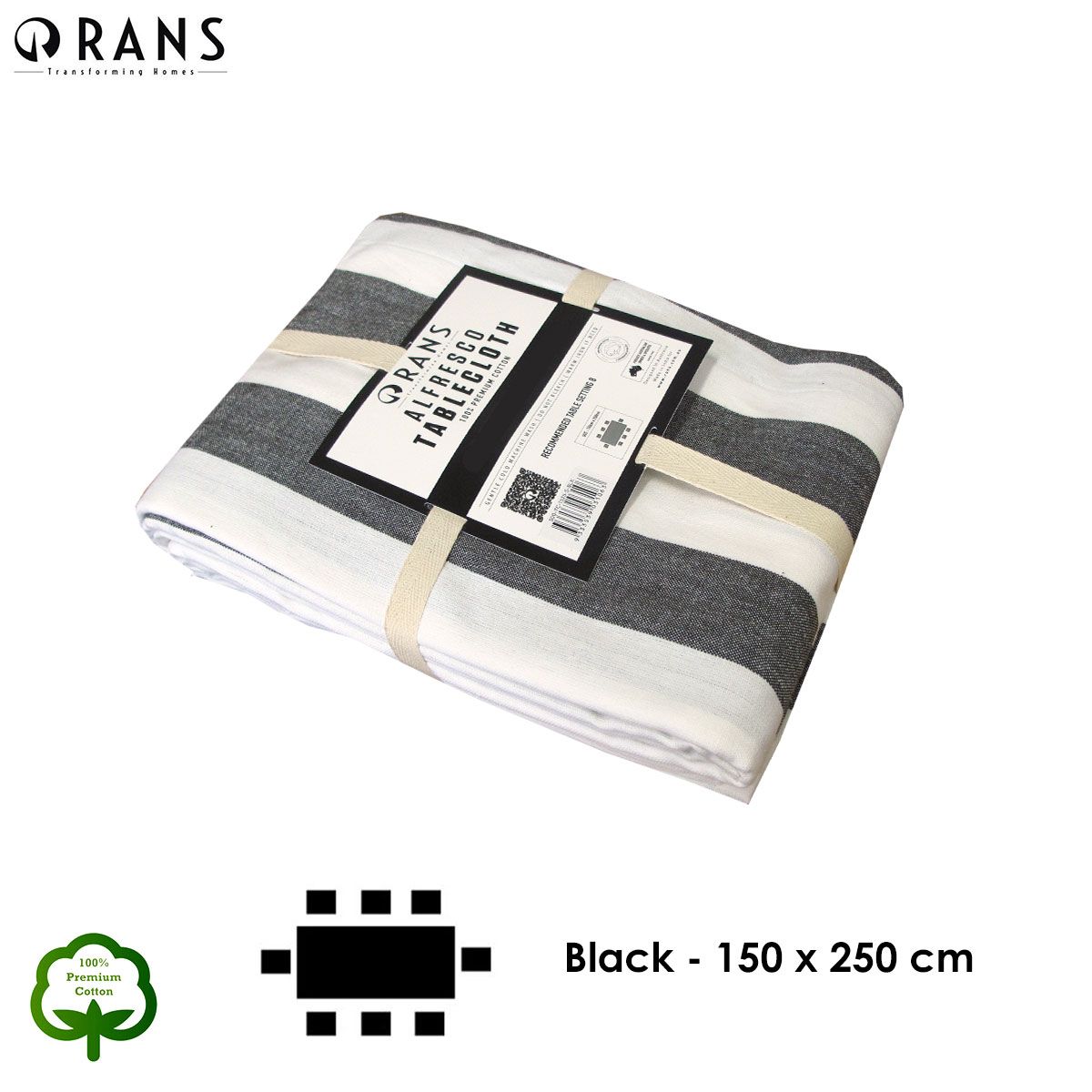 Rans Black Alfresco Stripes Cotton Tablecloth - Choose from 2 sizes 150cm x 250cm