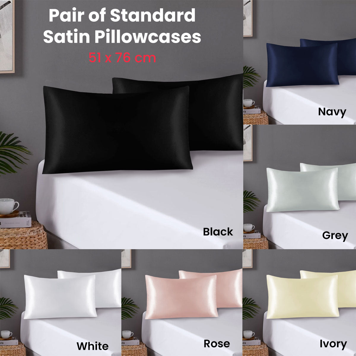 Pair of Standard Satin Silk Pillowcases with Envelope Closure 51 x 76 cm Ivory