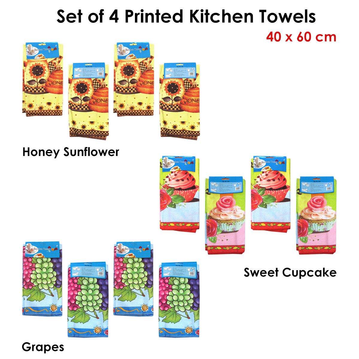 Set of 4 Microfibre Printed Kithen Towels 40 x 60 cm Grapes