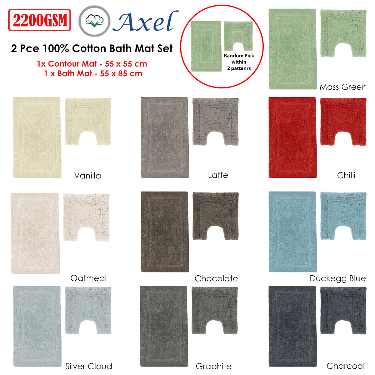 2200GSM 2 Pce Axel 100% Cotton Bath Mat Set Charcoal