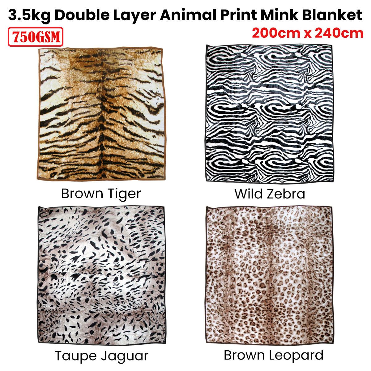 750gsm 3.5kg Double Layer Animal Print Faux Mink Blanket Queen 200x240 cm Taupe Jaguar