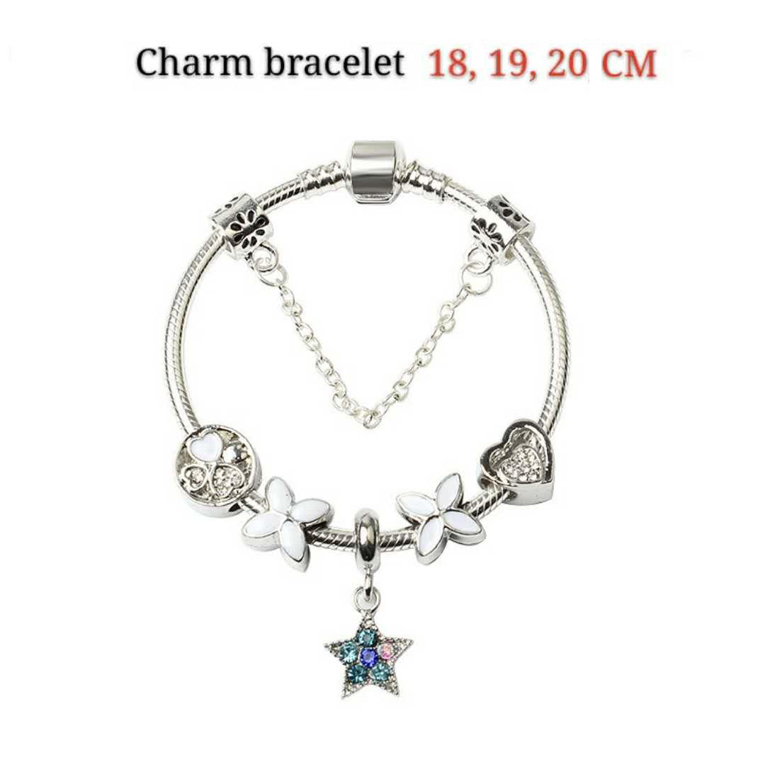 Women Silver Plated Bracelet Snake Chain with Classic Bead Barrel Clasp and Blue Star Pendant(20cm)