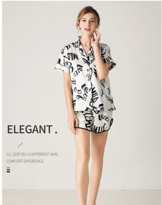 Woman Sleepwear Home Wear Short Sleeve Sweet Girl White Text… - V462-F-47-01