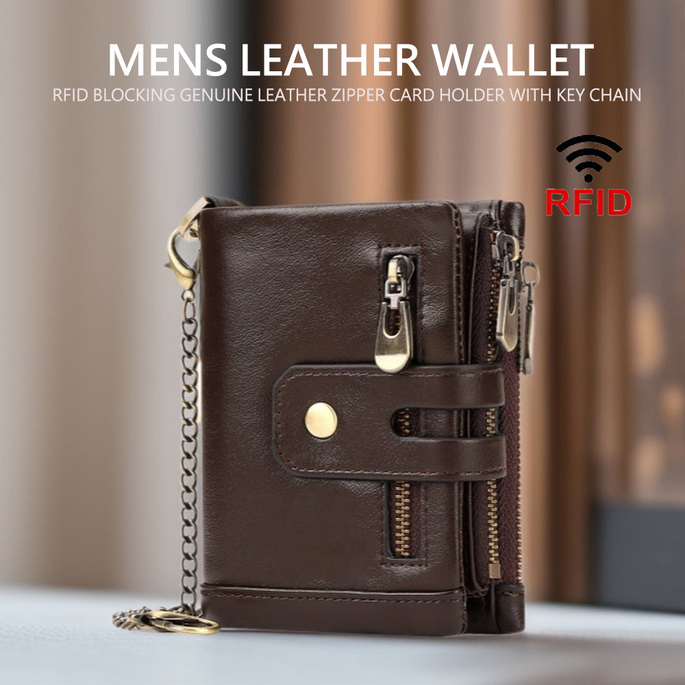 Men's Genuine Leather Wallet RFID Blocking Retro Bifold Zipper Card Holder