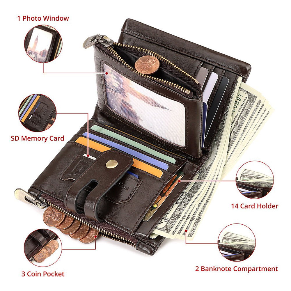 Men's Genuine Leather Wallet RFID Blocking Retro Bifold Zipper Card Holder