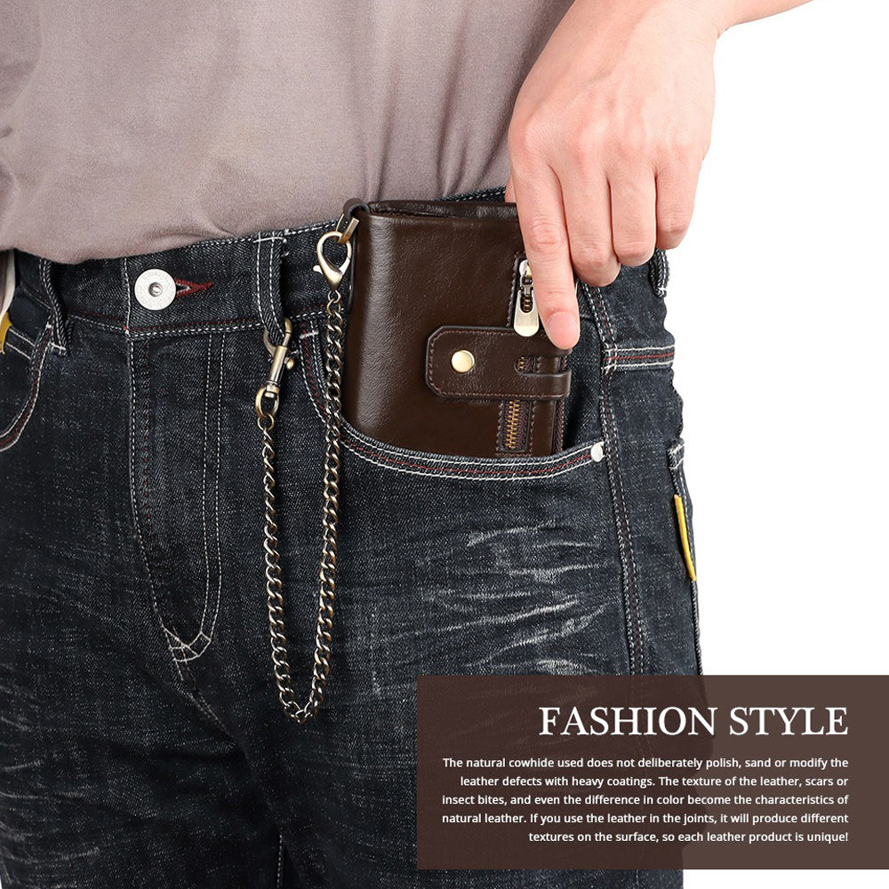 Men's Genuine Leather Wallet RFID Blocking Retro Bifold Zipper Card Holder