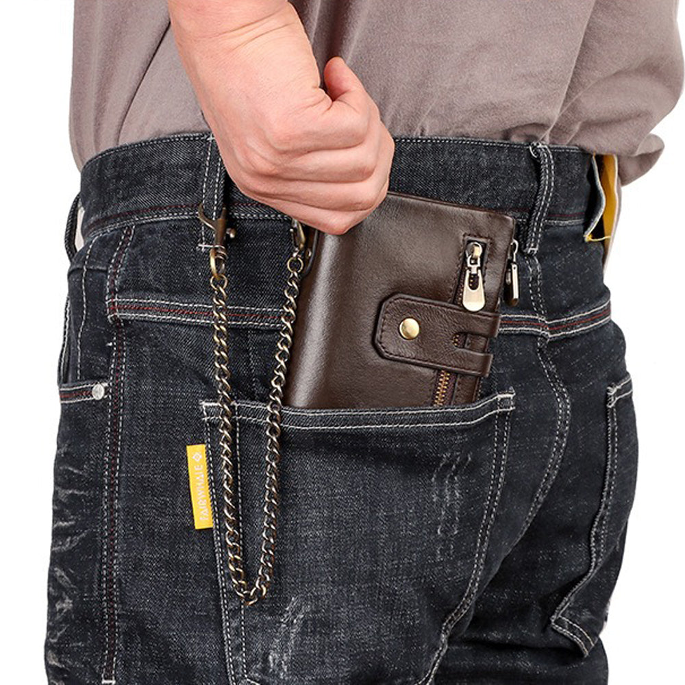 Men's Genuine Leather Wallet RFID Blocking Retro Bifold Zipper Card Holder