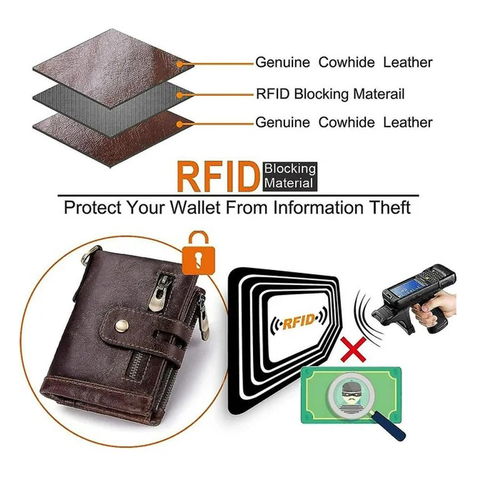 Men's Genuine Leather Wallet RFID Blocking Retro Bifold Zipper Card Holder