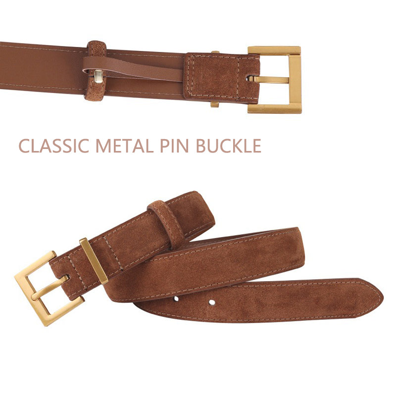 Women's Genuine Suede Leather Belt Classic Pin Buckle Cowhide Belts (Caramel)
