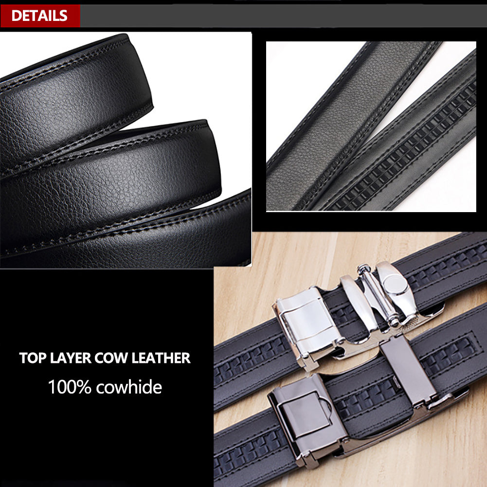 Adjustable Slide Luxury Leather Belt For Men's Automatic Buckle… - V462-FB-85-01