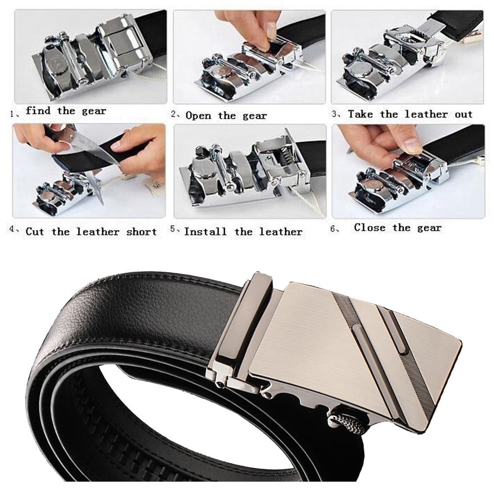 Adjustable Slide Luxury Leather Belt For Men's Automatic Buckle… - V462-FB-85-01