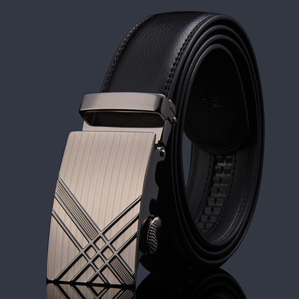 Adjustable Slide Luxury Leather Belt For Men's Automatic Buckle… - V462-FB-85-01