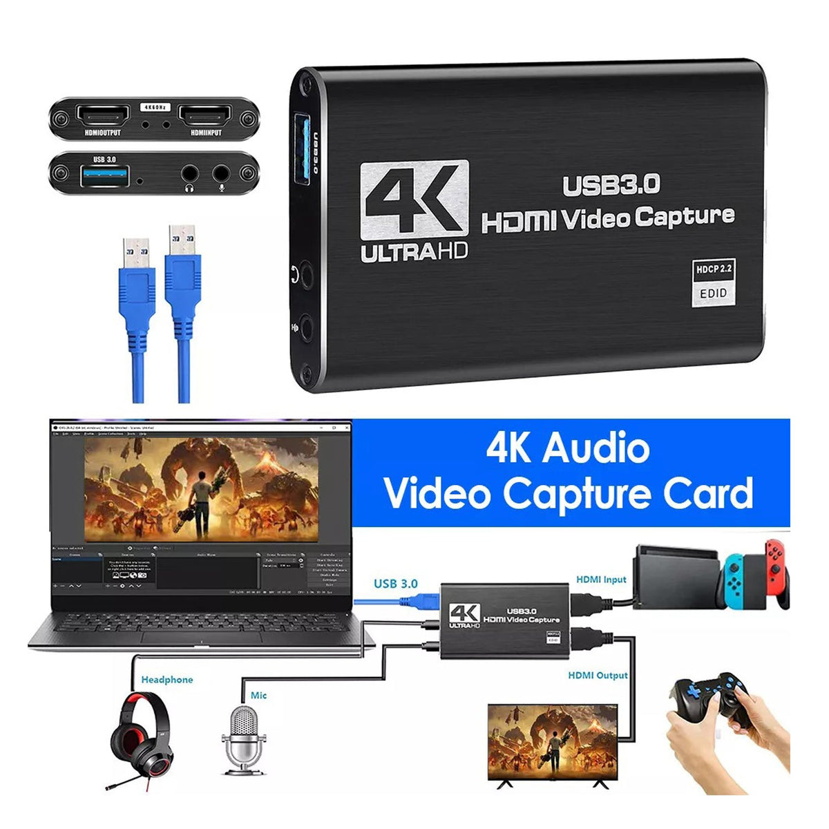 4K 1080P 60FPS HDMI to USB 3.0 Video Capture Card For PS4/PC/OBS Nintendo