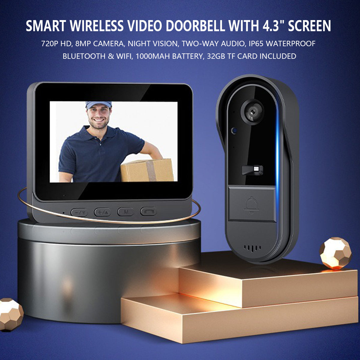 Smart Wireless Video Doorbell with 4.3" Screen HD 8MP Camera - Way Audio IP65