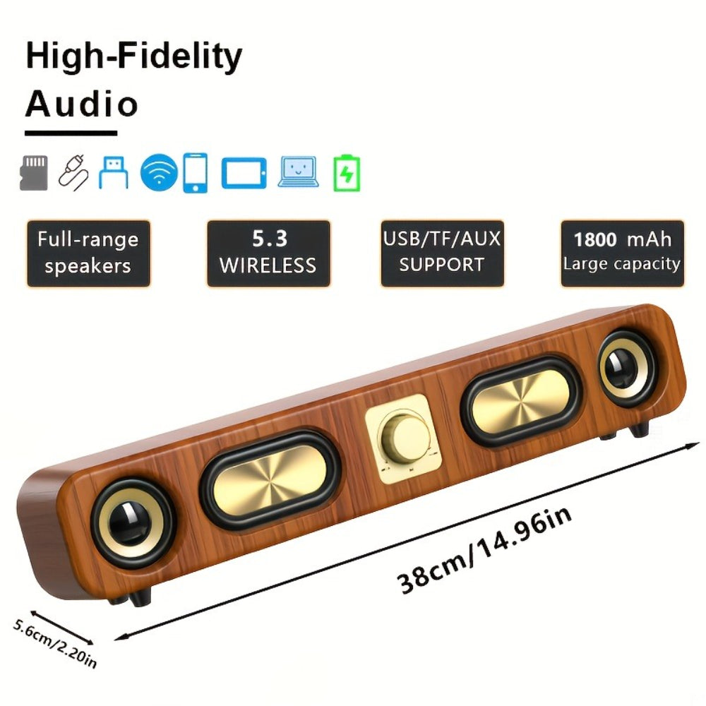 Retro Wood Grain Wireless Bluetooth Speaker Soundbar Deep Bass USB/TF/AUX