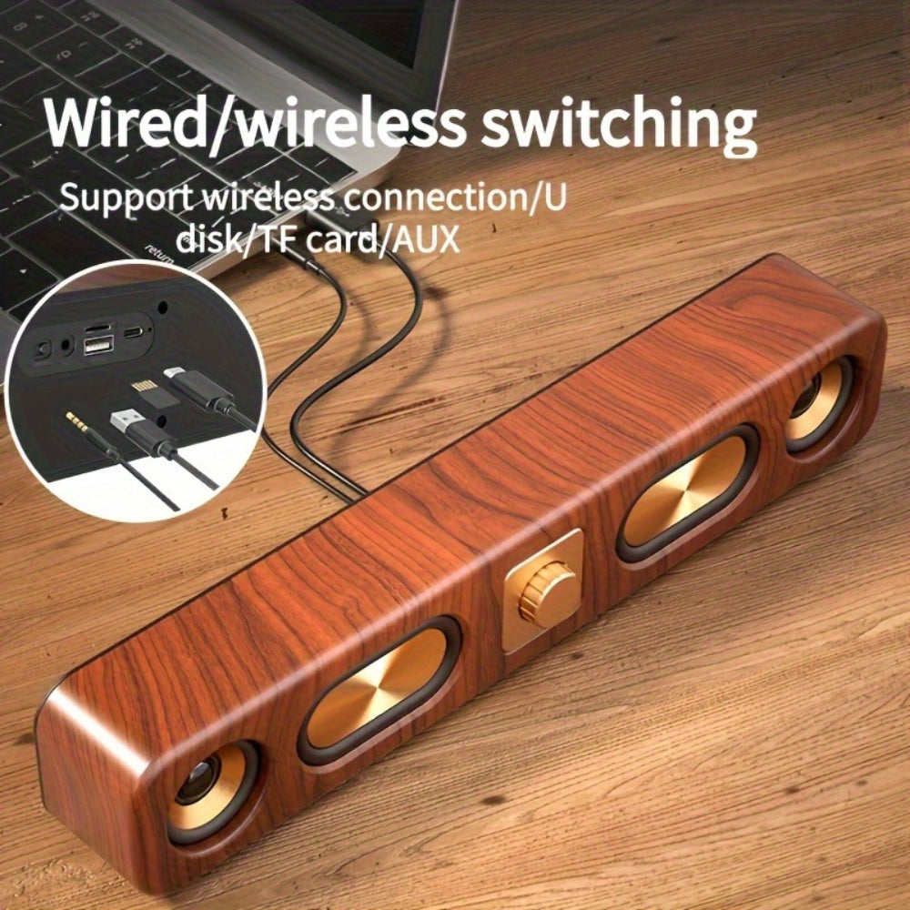 Retro Wood Grain Wireless Bluetooth Speaker Soundbar Deep Bass USB/TF/AUX