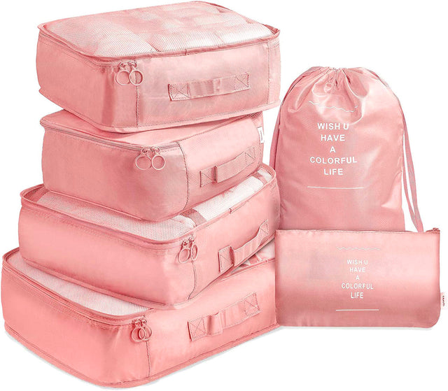 6 Pcs Waterproof Compression Large Travel Luggage Organizer (Pink) Model 03