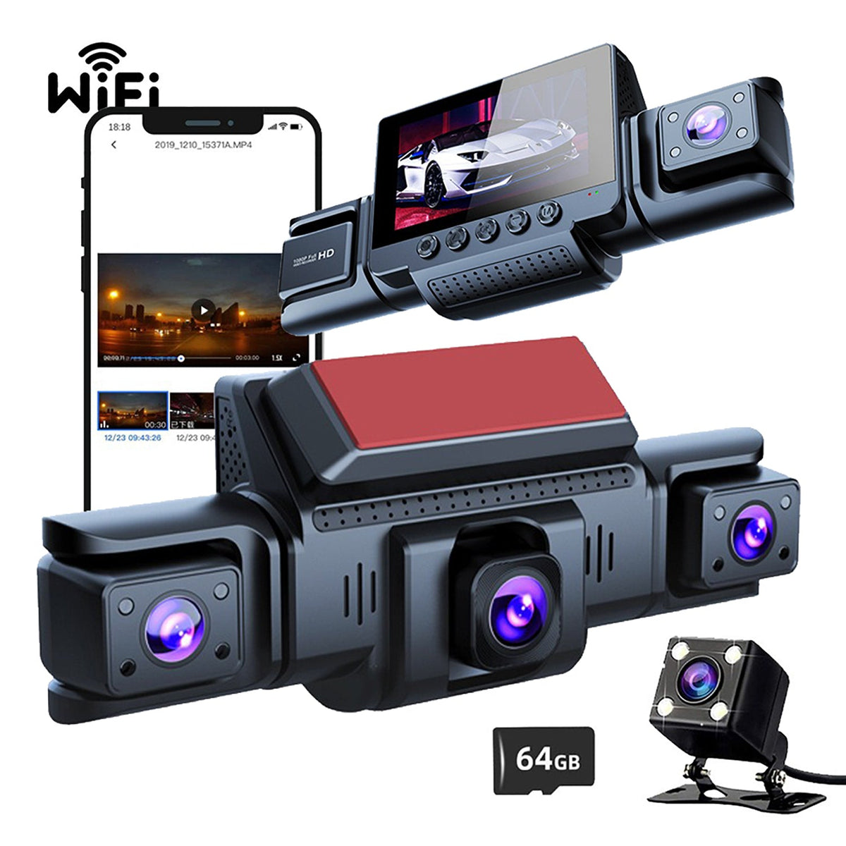 4 Channel 5G WiFi Dashcam FHD 1080P 170～ Wide Angle G - Sensor with 64GB Card