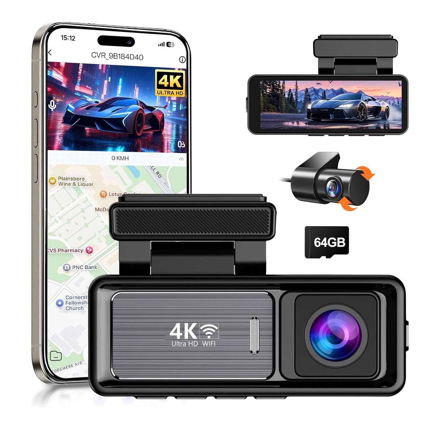 4K Wifi Dash Cam Front, 1080P In - Car Rear Dual Recording with GPS 64GB Card