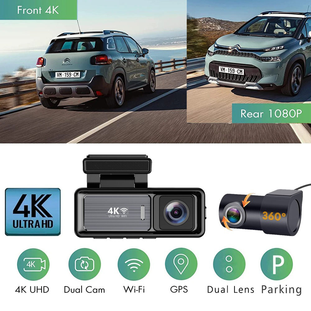4K Wifi Dash Cam Front, 1080P In - Car Rear Dual Recording with GPS 64GB Card