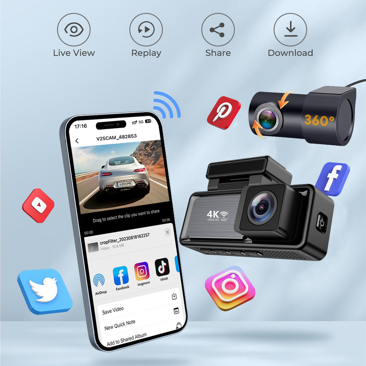 4K Wifi Dash Cam Front, 1080P In - Car Rear Dual Recording with GPS 64GB Card