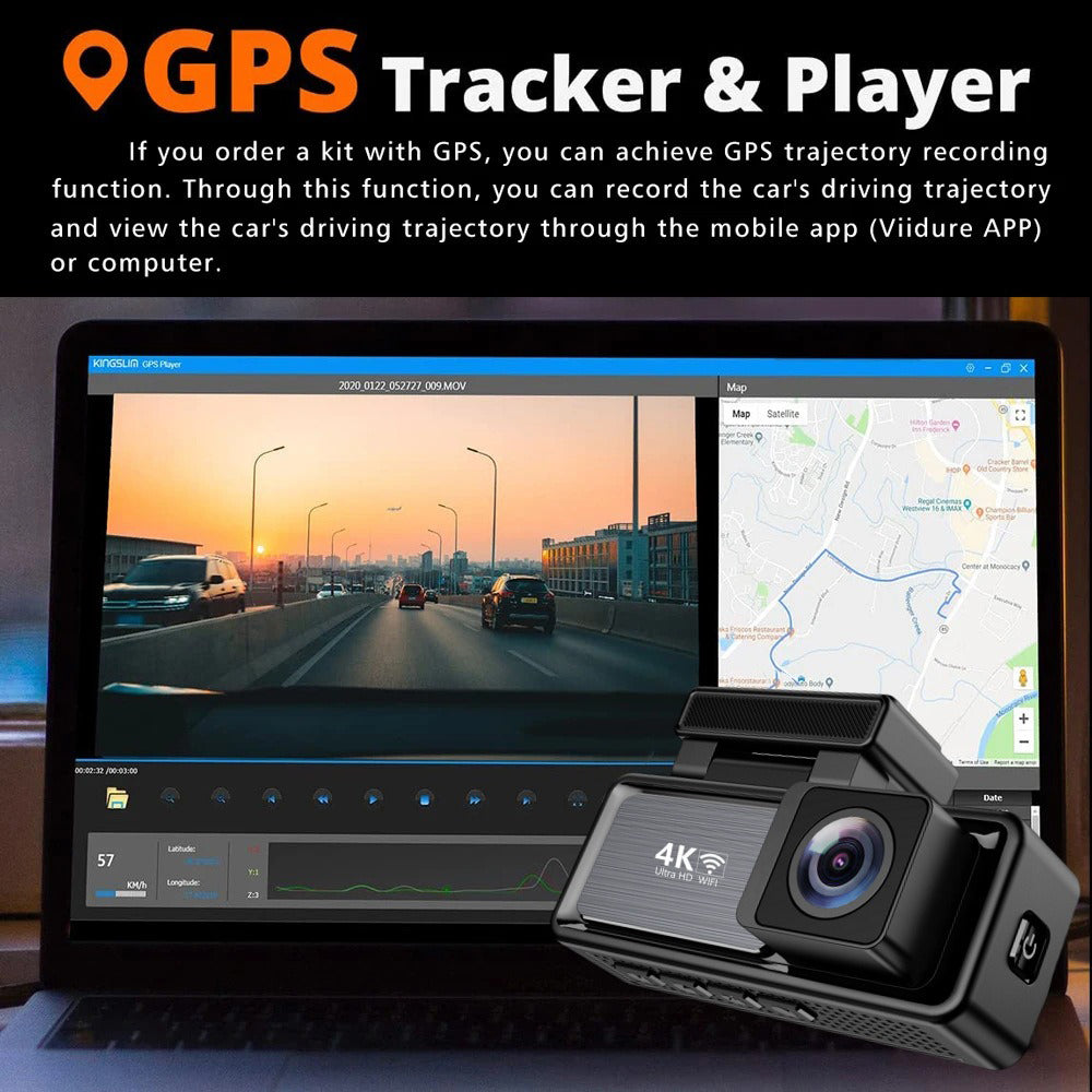 4K Wifi Dash Cam Front, 1080P In - Car Rear Dual Recording with GPS 64GB Card