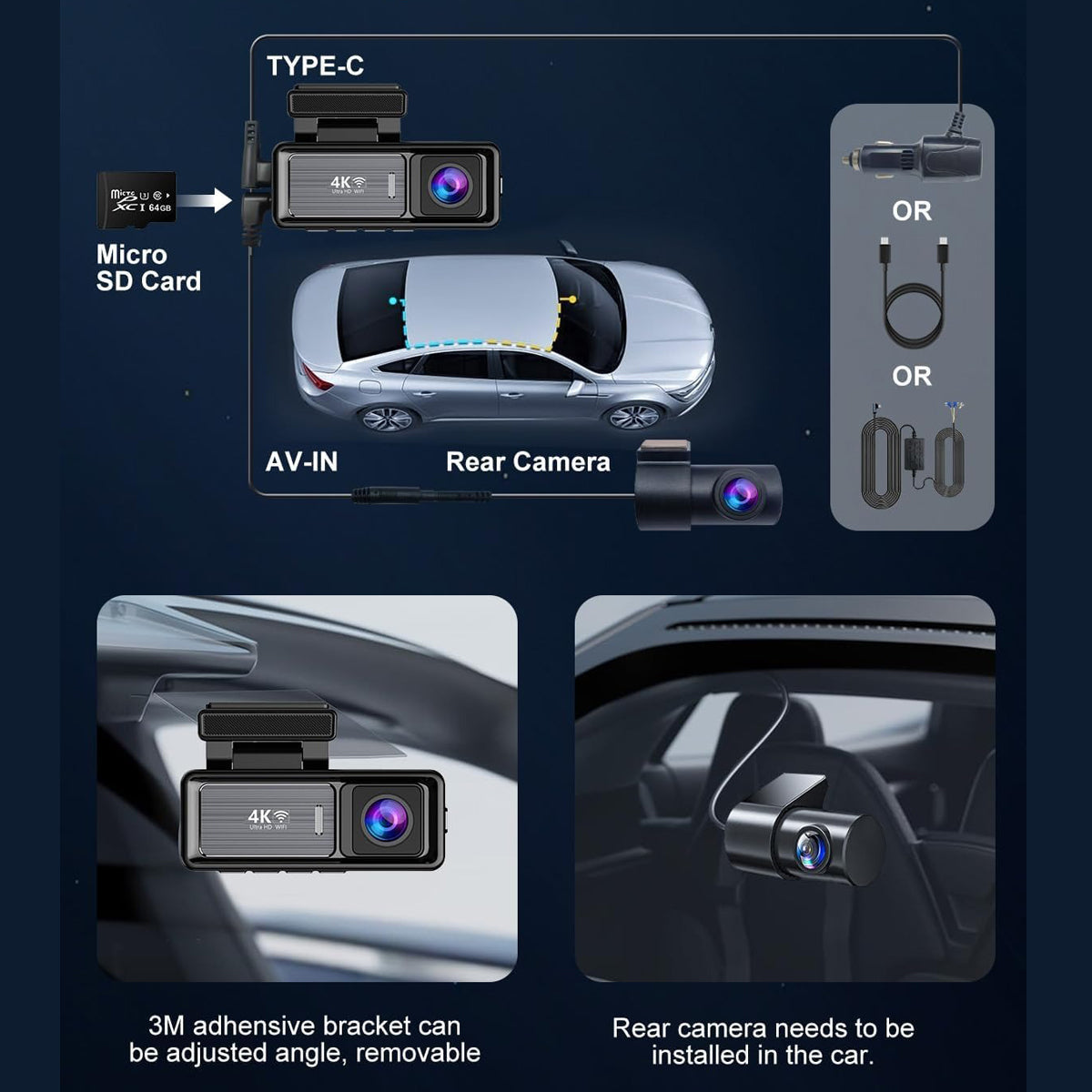 4K Wifi Dash Cam Front, 1080P In - Car Rear Dual Recording with GPS 64GB Card