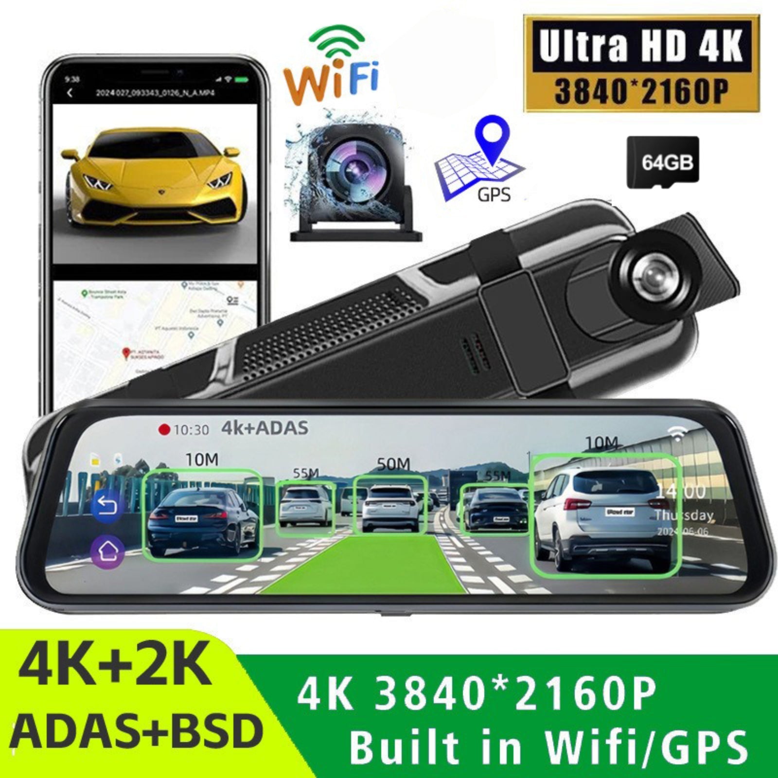 10§ 4K Mirror Dash Cam, 2K Rear Camera, WiFi GPS ADAS BSD, Stream Media, 64GB