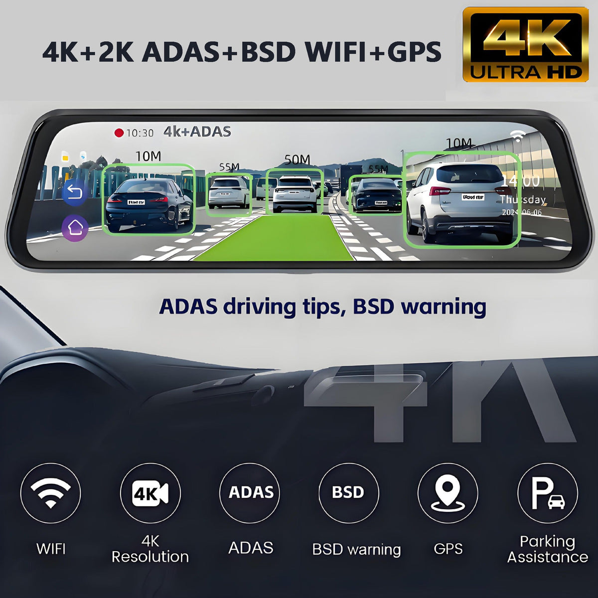 10§ 4K Mirror Dash Cam, 2K Rear Camera, WiFi GPS ADAS BSD, Stream Media, 64GB