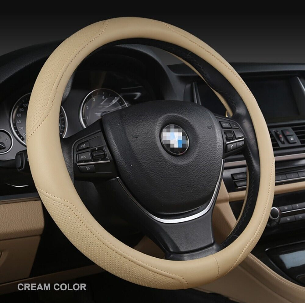 Luxury Car 37 - 38cm Steering Wheel Cover PU Leather - slip Breathable (Cream)