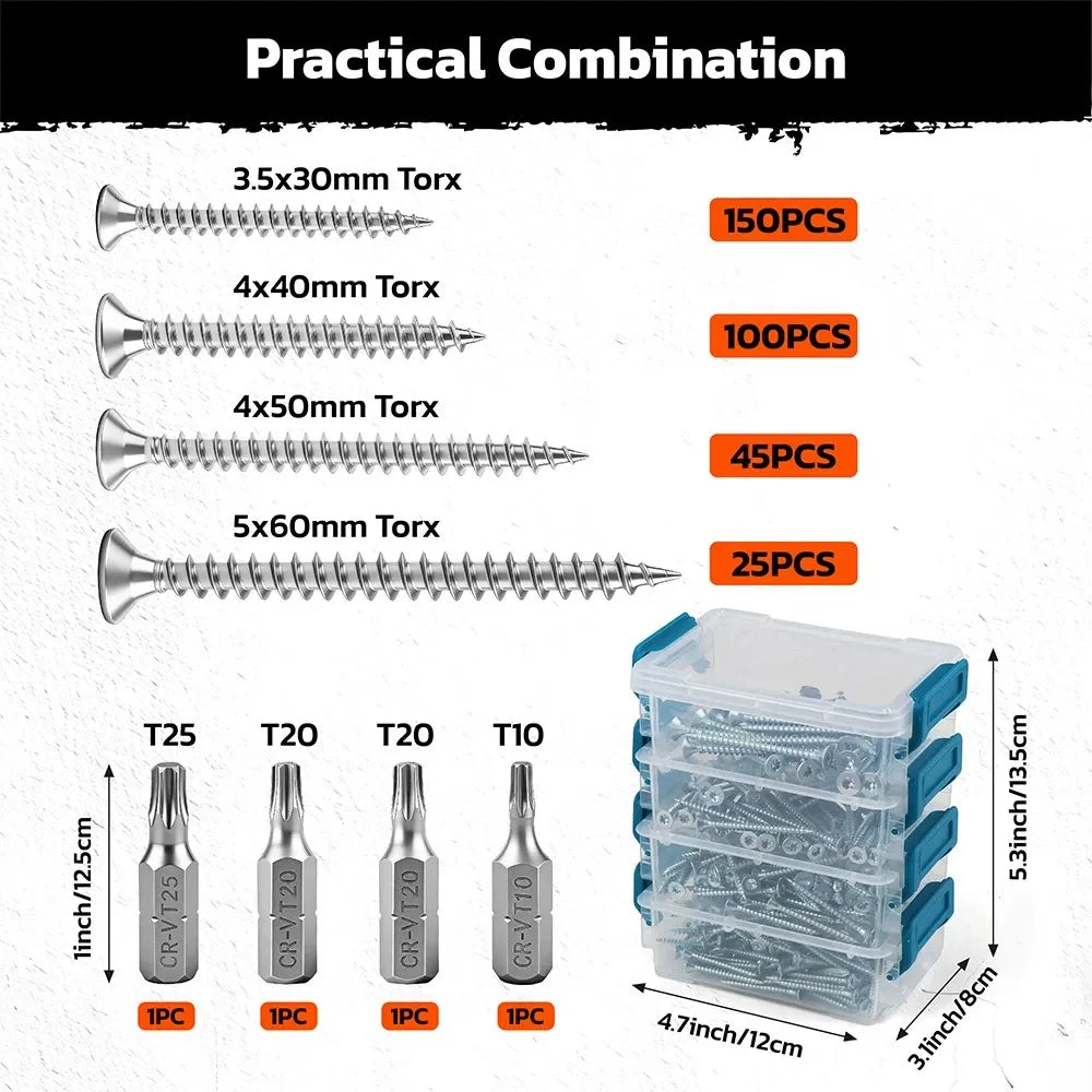 HORUSDY 324PCS Torx Wood Screws Assortment Kit Self Tapping with Storage Box