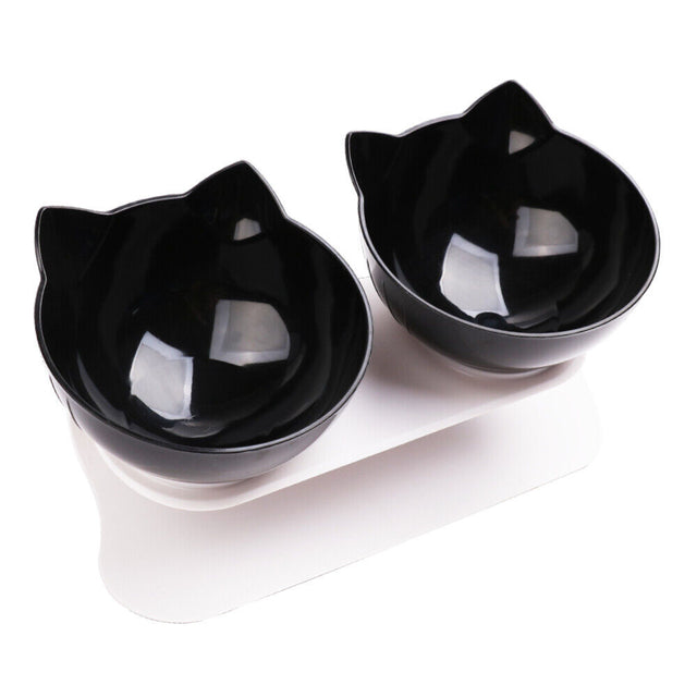 Black Double Cat Bowl Pet Bowl Stand Dog Elevated Feeder - Food Water Raised