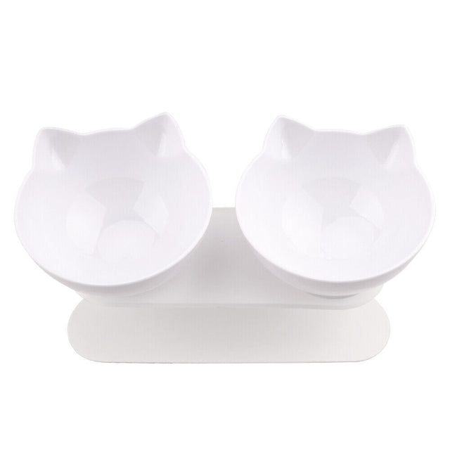 White Double Cat Bowl Pet Bowls Stand Dog Elevated Feeder - Food Water Raised
