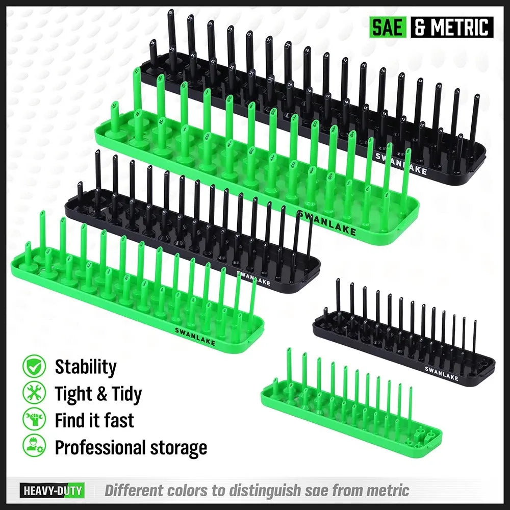 SWANLAKE 6PCS Socket Holder Tray Rack – Metric & SAE, 1/4" 3/8" 1/2" Drive