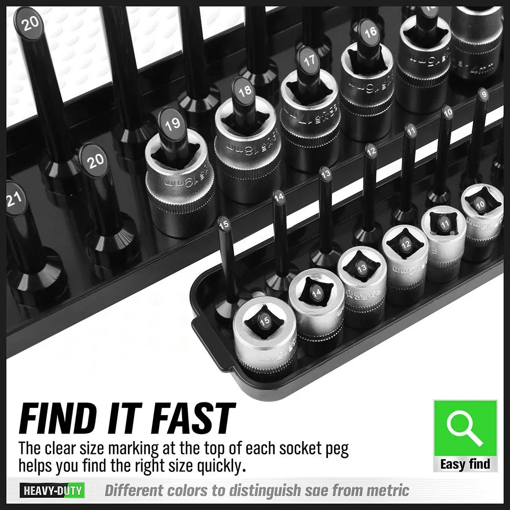 SWANLAKE 6PCS Socket Holder Tray Rack – Metric & SAE, 1/4" 3/8" 1/2" Drive