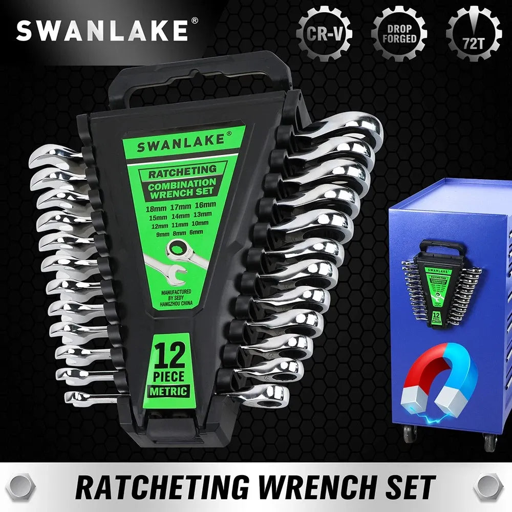 SWANLAKE 12Pcs Metric Ratcheting Spanner Set 6-18mm CR-V Steel 72-Tooth Holder