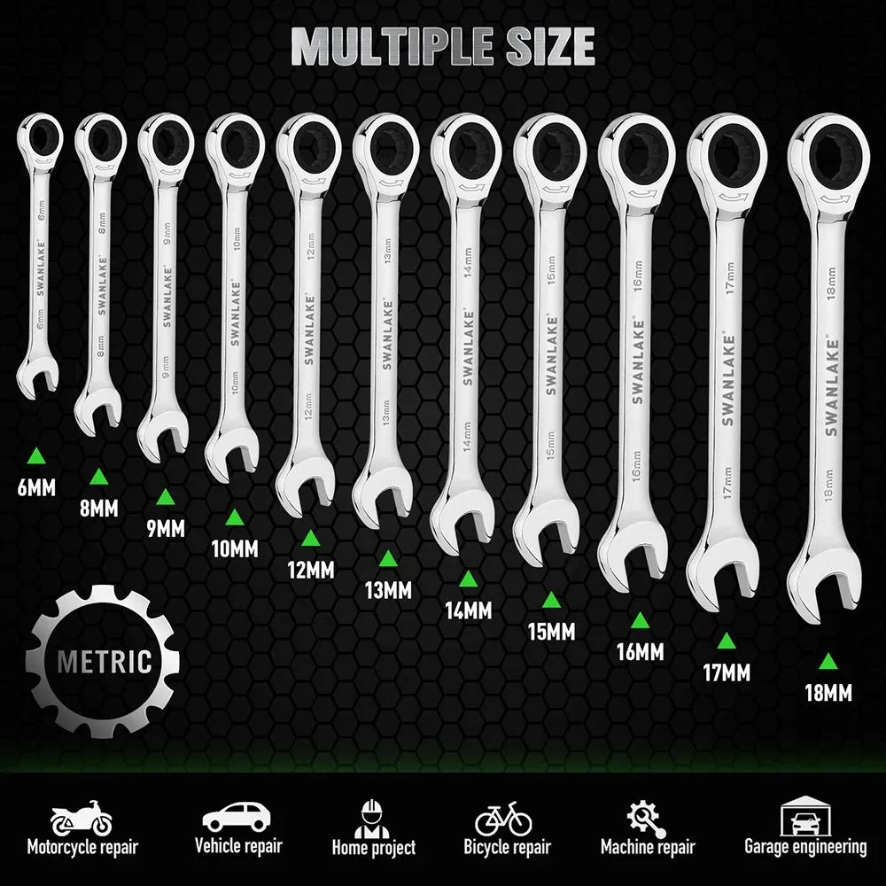 SWANLAKE 12Pcs Metric Ratcheting Spanner Set 6-18mm CR-V Steel 72-Tooth Holder