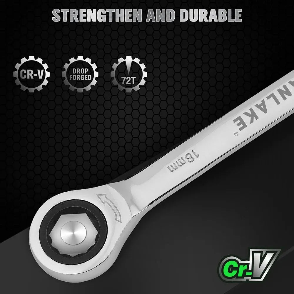 SWANLAKE 12Pcs Metric Ratcheting Spanner Set 6-18mm CR-V Steel 72-Tooth Holder