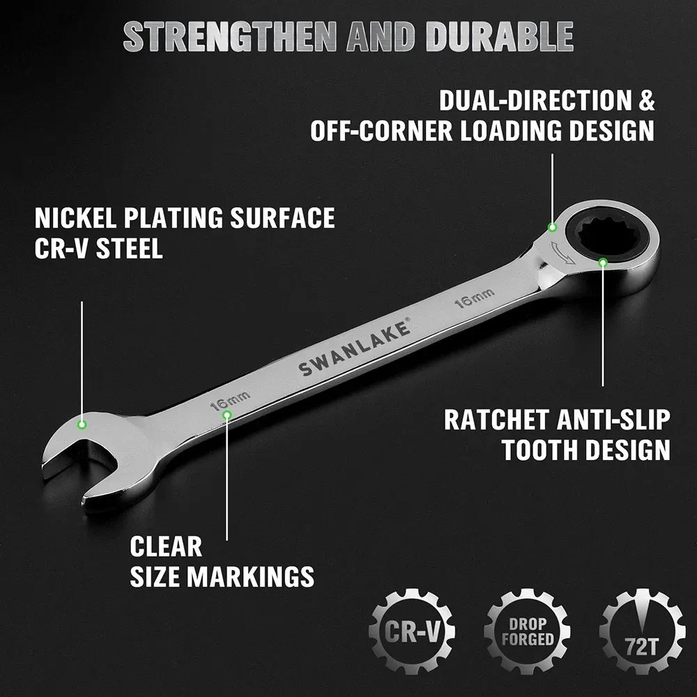 SWANLAKE 12Pcs Metric Ratcheting Spanner Set 6-18mm CR-V Steel 72-Tooth Holder