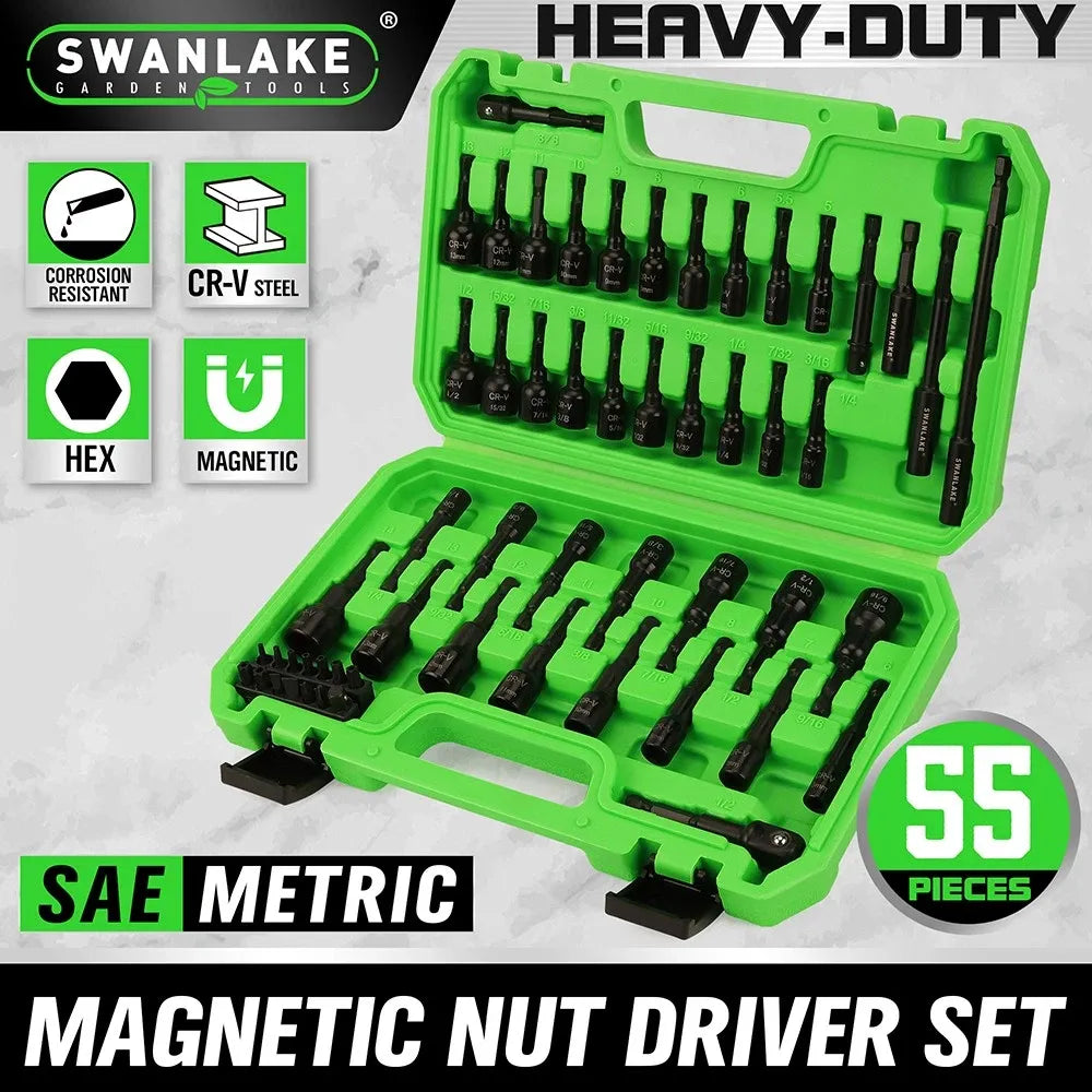 SWANLAKE 55Pc Magnetic Nut Driver Set Metric SAE 1/4" Hex Shank Socket Adapter