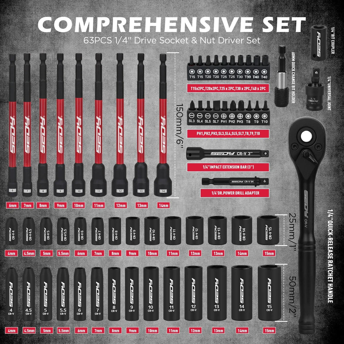 SWANLAKE 74Pcs Magnetic Nut Driver Set Impact Drill Socket Adapter Power Bit